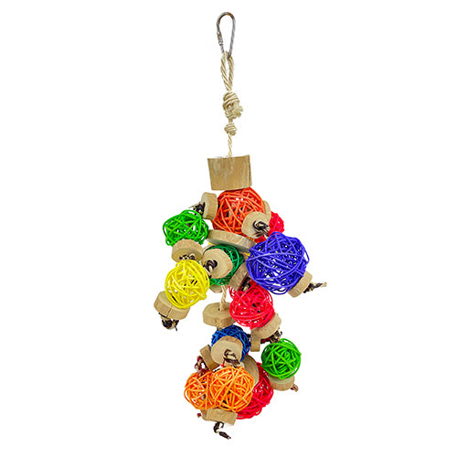 bird toy made from colorful wicker balls and wooden discs, medium bird toy, natural bird toy, parrotbox